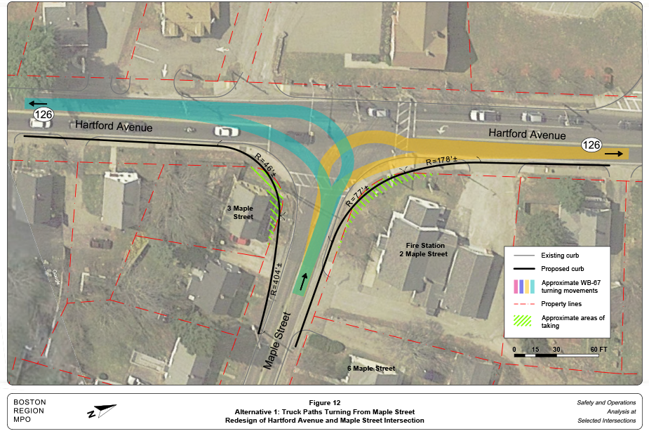 FIGURE 12. Alternative 1: Truck Paths Turning From Maple Street
Figure 12 shows how Alternative 1 accommodates the turning movements of a WB-20 semitrailer.
FIGURE 12. Alternative 1: Truck Paths Turning From Maple Street
Figure 12 shows how Alternative 1 accommodates the turning movements of a WB-20 semitrailer.